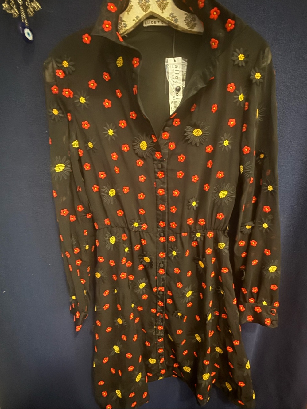 NWT Alice + Olivia Black Floral Embroidered Long Sleeve Button Down Mini Dress